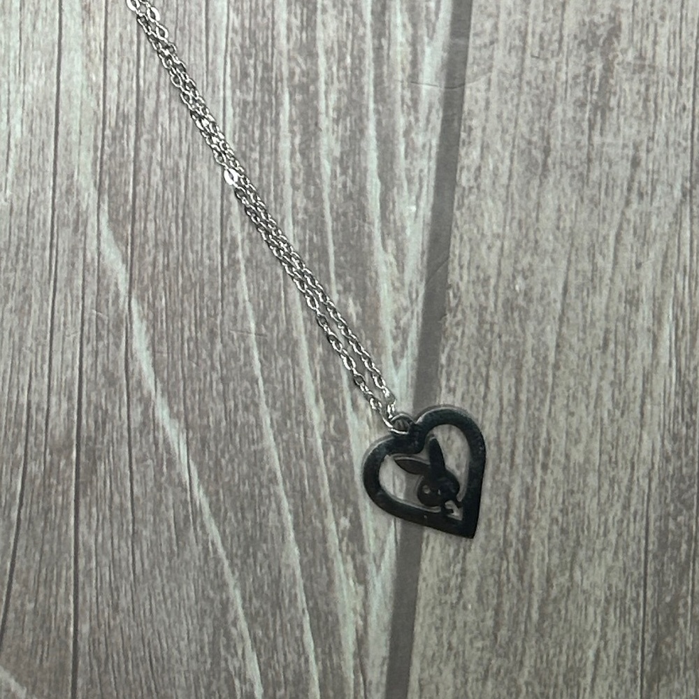 NEW PLAYBOY Cutout Heart Playboy Bunny Pendant Necklace Silver Y2K - Picture 9 of 13